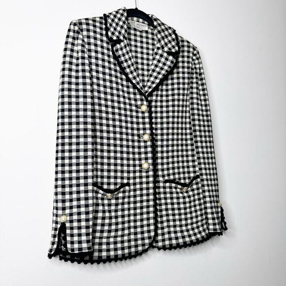 St. John Collection Plaid Knit Scalloped Blazer Jacket Black White Size US 8 - Picture 3 of 7